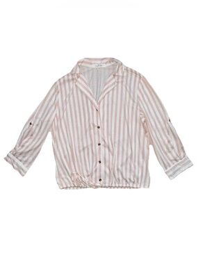 Women Sz S Striped Pink/White Shirt 1/2 Sleeve Button Up Casual adjustable